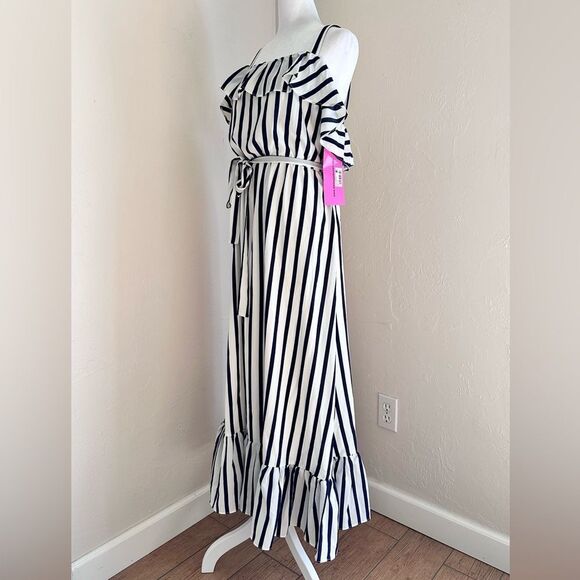 NWT Betsy Johnson Navy and White Ruffle Maxi Dress Size 10 - Picture 3 of 10